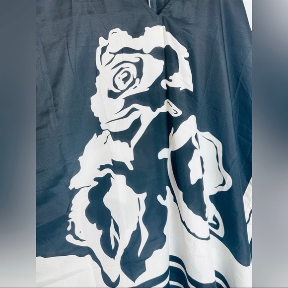 Floral Black & White Short Kaftan Tunic Kimono Cover Up Shirt Dress - Picture 9 of 12